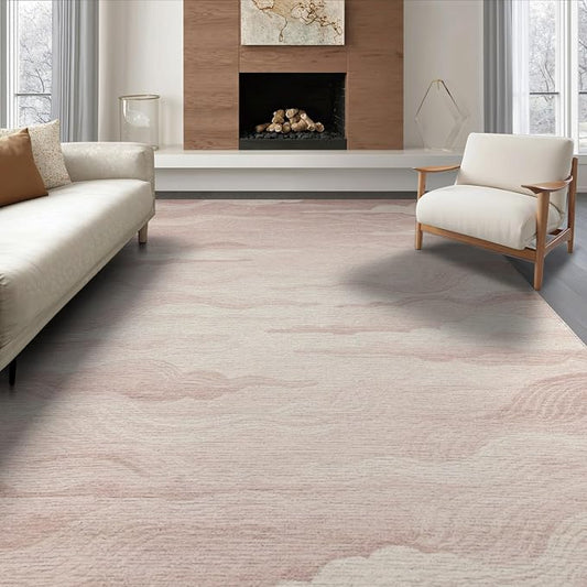 6'x9' Washable Flatwoven Rug, White Modern Wave Stain Resistant Large Carpet for Dining Room, Under Table, Office, Non-Slip Chair-Friendly Floor Mat | Ref:2208255
