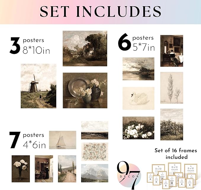 97 Decor Vintage 16PCS FRAMED Wall Art - Framed Vintage Wall Art Prints, Vintage Posters For Room Aesthetic, Lanscape Prints For Wall Decor, Moody Gallery Wall Pictures Botanical Paintings For Home Bedroom (BEIGE FRAME)