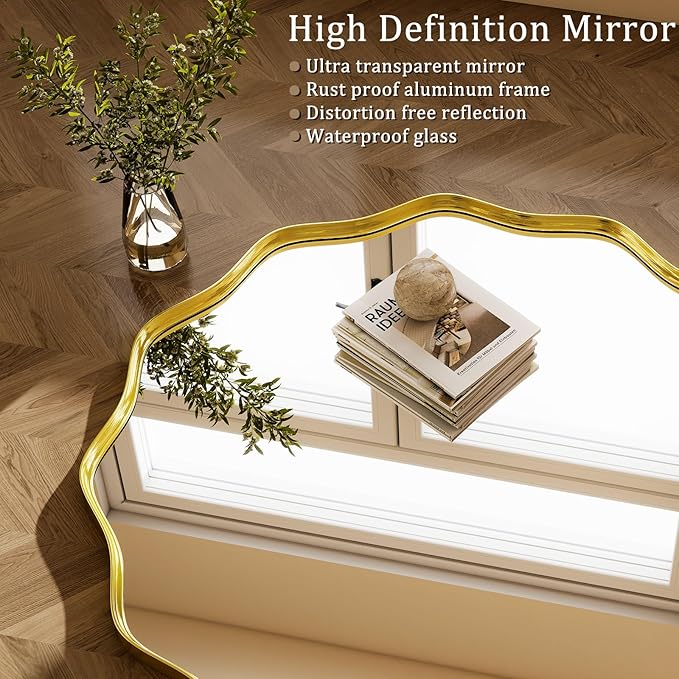Round Wavy Mirror - 24 Inch Bathroom Vanity Mirror Metal Frame Circle Wall Mounted Mirror for Bedroom Living Room Entryway, Gold
