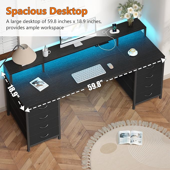 YOMILUVE 60 Inch Computer Desk with 8 Drawers, Gaming Desk with LED Lights & Power Outlets, Home Office Desk with Monitor Stand, Black