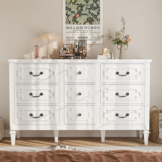 9 Drawer Dresser for Bedroom, 35.7" Tall Dresser & Chest of Drawers wtih Vintage Surface, Closet Storage Cabinet for Living Room, Hallway, White