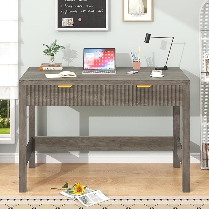 YOMILUVE Fluted Computer Desk with 2 Drawers, 39 Inch Small Computer Desk with Storage, Compact Writing Study Desk for Small Spaces, Gray