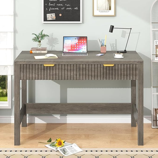 YOMILUVE Fluted Computer Desk with 2 Drawers, 39 Inch Small Computer Desk with Storage, Compact Writing Study Desk for Small Spaces, Gray