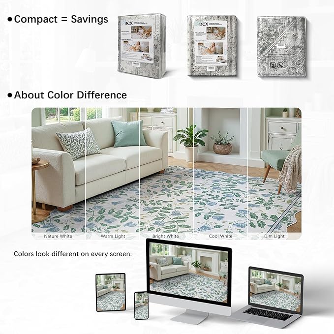 DCX Washable Botanical Floral Rug 3x5, Blue and Green Scalloped Rug, Non Slip Low Pile Carpet for Bedroom, Living Room, Kid & Pet Friendly