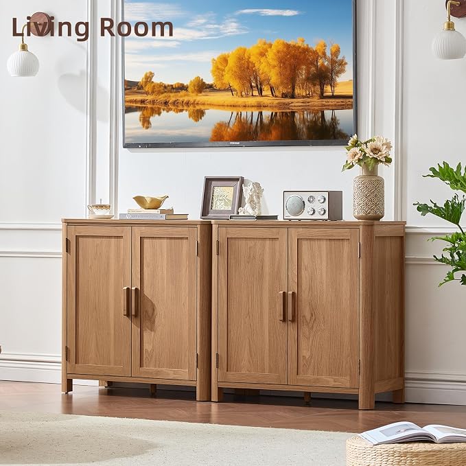 Joaxswe Sideboard Buffet Cabinet with Storage Set of 2, 31.5" Arc-Shaped Credenza with 2 Doors & Adjustable Shelves, Mid Century Coffee Bar Cabinet for Kitchen, Living Room, Darkwood