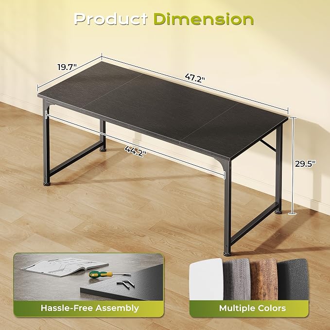 PRAISUN 47 Inch Computer Desk, Home Office Desk with Spacious Desktop, Modern Gaming Desk, Writing Study Table for Bedroom, Small Spaces, Work from Home Desk with Metal Frame, Black