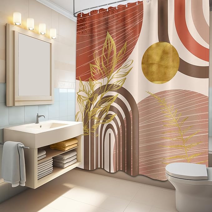 Boho Mid Century Modern Shower Curtain Bohemian MCM Shower Curtains for Bathroom Decor Sets, Waterproof Fabric with Hooks 70x96in