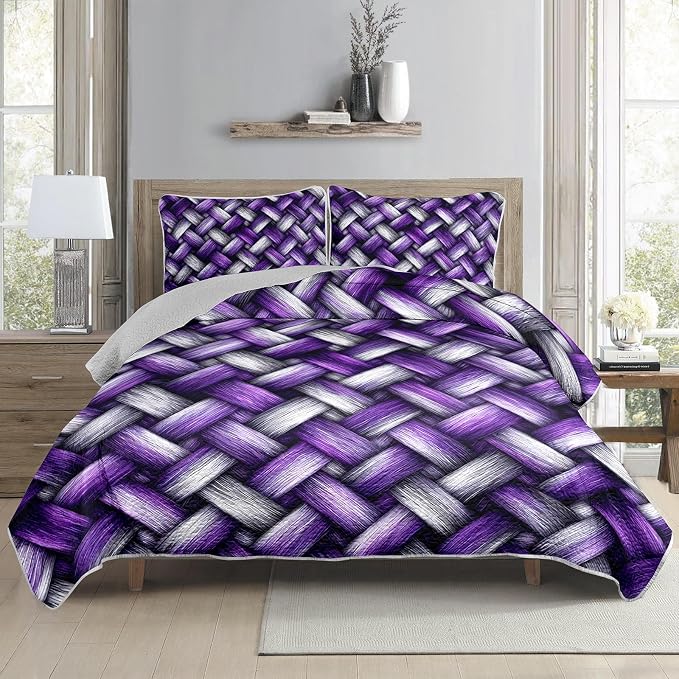 AILONEN Purple White Braided Queen Quilted Comforter Set 3 Piece, Artistic Woven Bedspread Coverlet with 2 Pillow Shams, Stylish Bedding for Master Bedroom