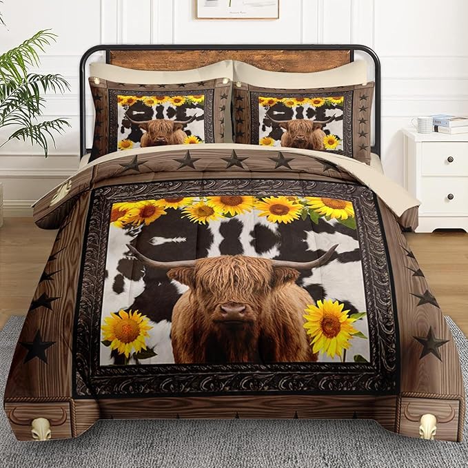 WeCozy 7 Pcs Queen Size Comforter Set with 2 Pillowcases & 2 Shams, Brown Highland Cow Sunflower Bedding for Kids and Adults, Bull Animal Farm Bed in a Bag with Flat Fitted Sheet