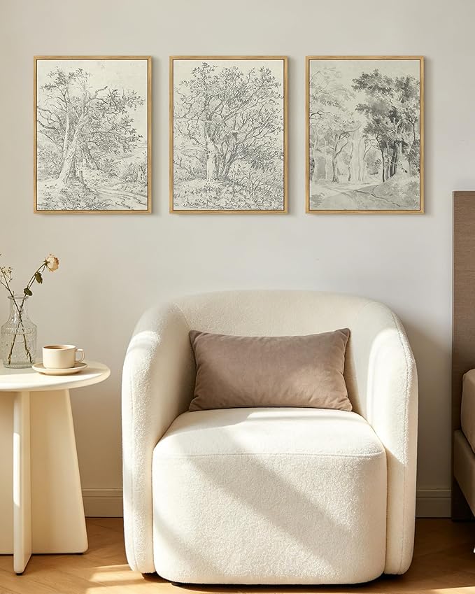 KUVIOKE Vintage Tree Framed Wall Art Retro Antique Forest Drawings Nature Wilderness Sketch Wall Painting Modern Landscape Decor 12x16in (Natural Framed)