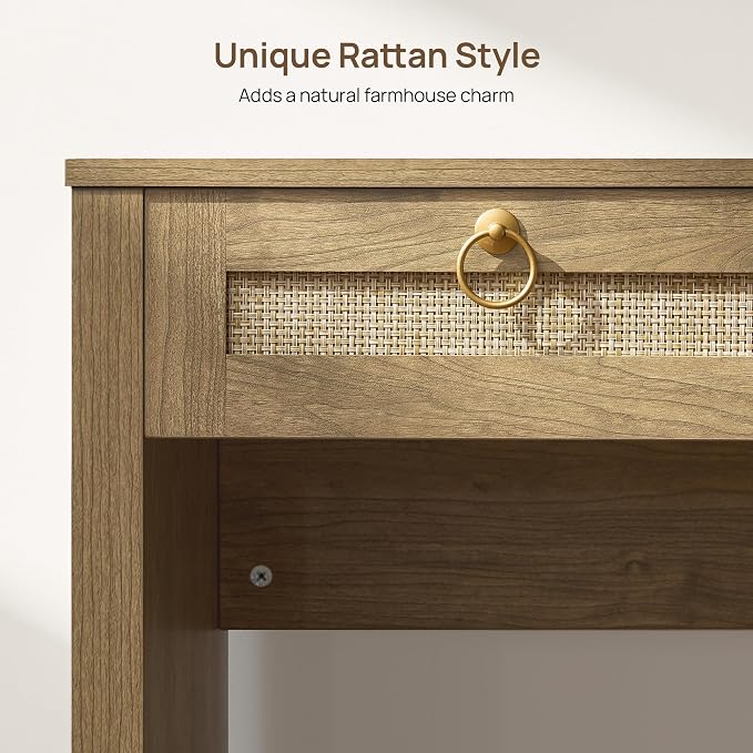 SICOTAS 60" Rattan Computer Desk Writing Table with Storage: Long Home Office Desk with 3 Drawers, Farmhouse Executive Desk Console Table for Living Room, Office (Carbon Cherry, 1 Piece)