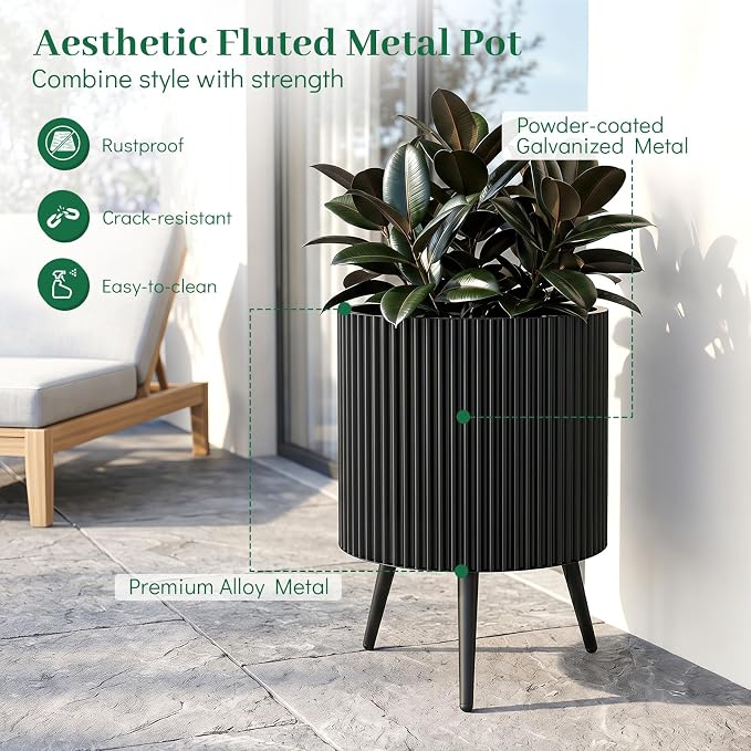 Giantex 16 inch Plant Pot with Stand Set of 2, Mid-Century Modern Fluted Planter with Built-in Drainage Holes, Metal Flower Pot with Tapered Legs for Living Room, Office, Porch, Garden
