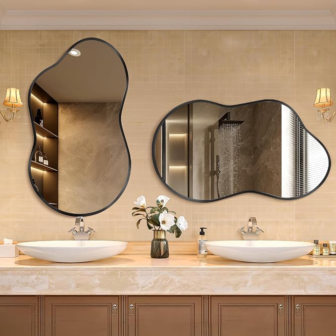 Dorlicecass Irregular Wall Mirror - Wall Mirrors Decorative 20"x36" Black Asymmetrical Mirror Tempered Glass Aviation Aluminum Alloy Frame for Bathroom, Bedroom, Living Room, Cloakroom, Entryway
