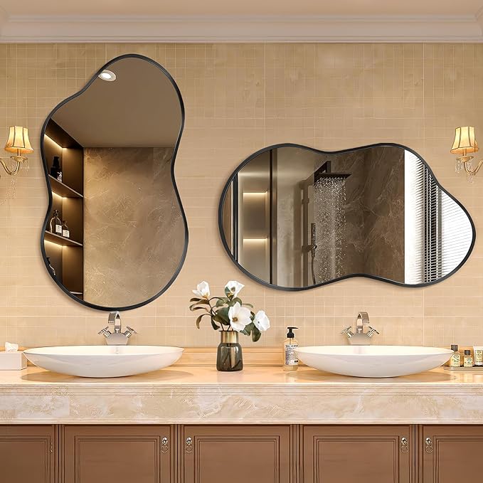 Irregular Wall Mirror - Wall Mirrors Decorative 24"x36" Black Asymmetrical Mirror Tempered Glass Aviation Aluminum Alloy Frame for Bathroom, Bedroom, Living Room, Cloakroom, Entryway