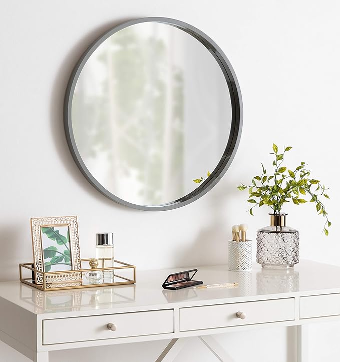 Kate and Laurel Travis Round Wood Wall Mirror, 25.6" Diameter, Gray, Modern Wall Décor Accent