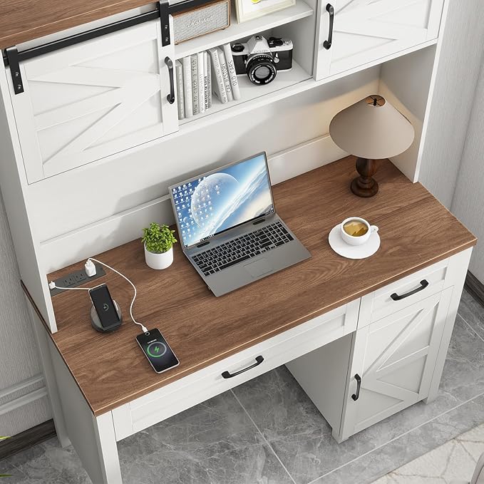 Vabches Farmhouse 47" Executive Desk, Computer Desk with 2 Drawers, Storage Cabinet and LED Light,Charging Hub, Home Office Desk with Hutch, Workstation for Home Office and Study.(Unique White)