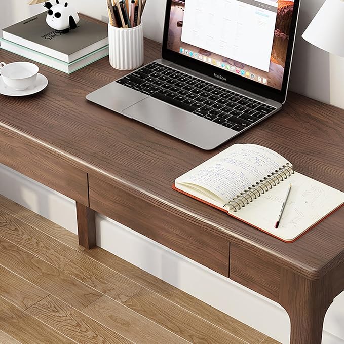 Solid Wood Desk with Drawers, Mid Century Modern Home Office Writing Desk, Vintage Computer Desk with Storage for Living Room, Bedroom(80x56x75cm, Walnut)