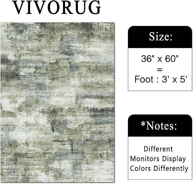 3x5 Rug, Small Area Rug for Living Room, Bedroom, Kitchen, Machine Washable Non-Slip Throw Rug, Modern Abstract Carpet for Entryway Nursery Coffee Table, Green