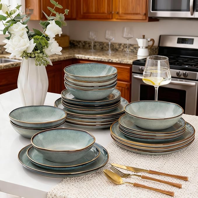 AmorArc Ceramic Dinnerware Sets,Handmade Reactive Glaze Stoneware Plates and Bowls Set,Highly Chip and Crack Resistant | Dishwasher & Microwave Safe,Service for 8 Dishes Set (24pc)