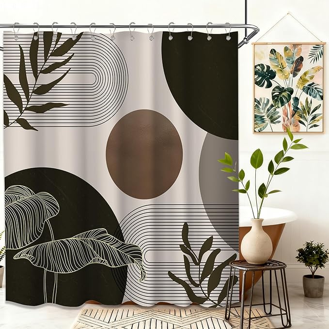 Brown and Beige Shower Curtain Light Brown Tan Taupe Boho Mid Century Modern Shower Curtains for Bathroom Decor MCM Mens Cool Bath Curtain Set, Waterproof Fabric with Hooks 70 x 72 Inch