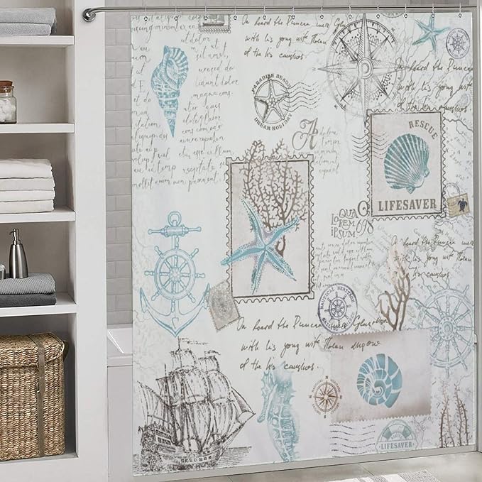 Nautical Map Shower Curtain,Lighthouse Sailboat Compass Anchor Coastal Shower Curtain for Bathroom Polyester Fabric Ocean Themed Bathroom Decor Set with Hooks,72x84Inch