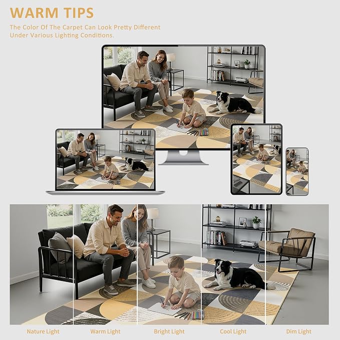 Merelax 6x9 Geometric Rugs for Living Room - Washable Non-Slip Large Bedroom Rug, Indoor Floor Carpet Low Pile Soft Area Rug for Dining Room, Mudroom, Modern Aesthetic Geometric Decor, Light Tan