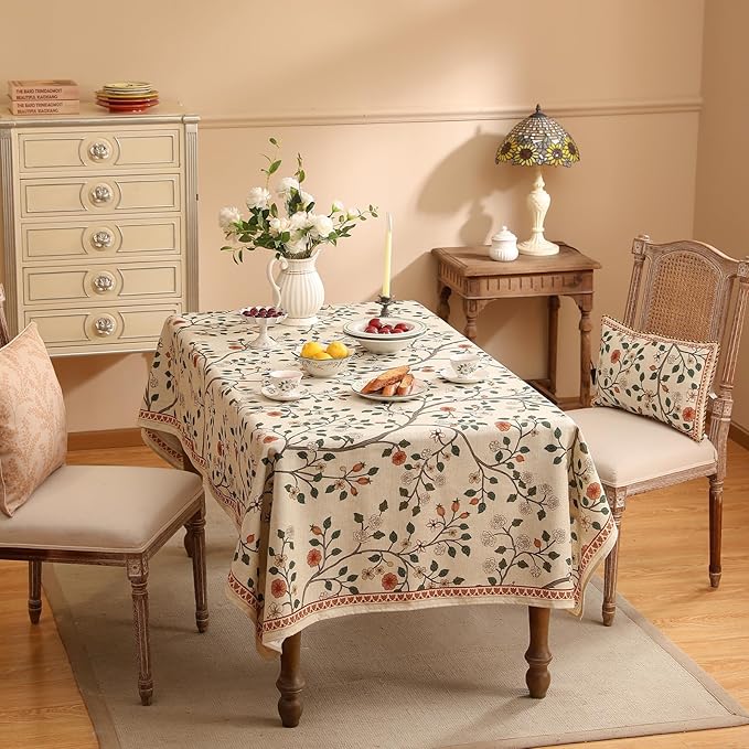 ISAENNE Designer Floral Long Rectangular Tablecloth,French Linen Light Beige Indoor Table Cloth,Fall Wrinkle Resistant Decor Tablecloths for Dining Thanksgiving Kitchen Party,63"*94"-Flora A