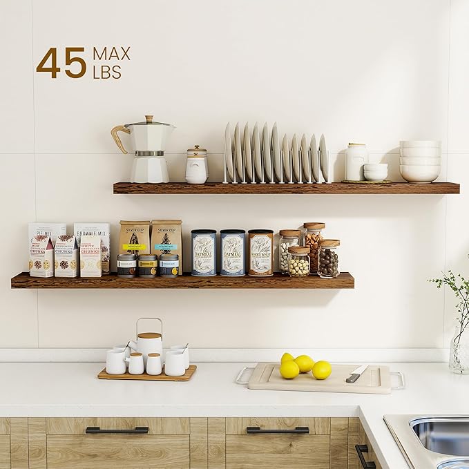Dreamland 48Inch Floating Shelves for Wall, Rustic Wooden Storage Shelf for Living Room, Kitchen, Farmhouse, Wall Mounted Display Shelving with Invisible Heavy-Duty Metal Bracket, Set of 2 - Brown