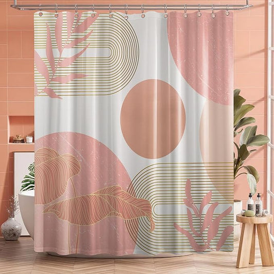 Coral Shower Curtain White and Peach Color Shower Curtains for Bathroom Decor Abstract MCM Girls Bath Curtain Set, Waterproof Fabric with Hooks 60 x 72 Inch