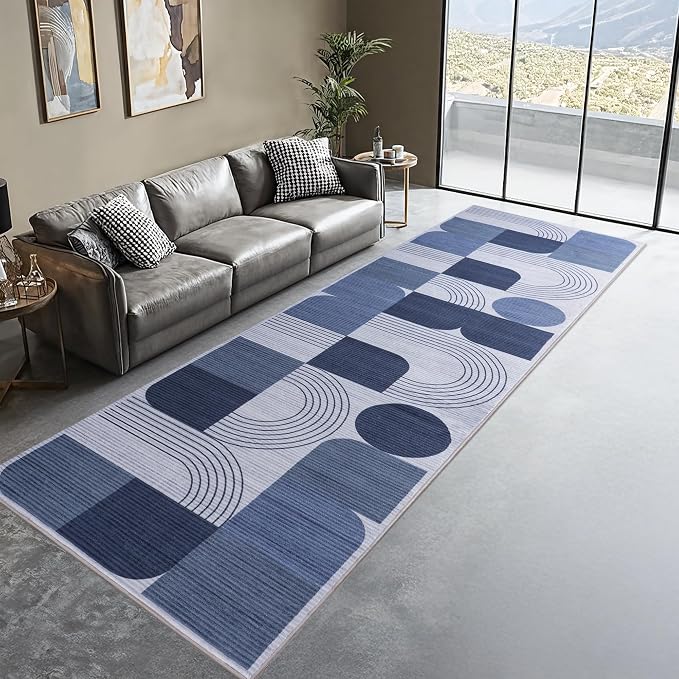 Machine Washable 2.7x10 Runner Rug, Soft Modern Geometric Abstract Blue Rugs for Bedroom Living Room, Non-Shedding Faux Wool Indoor Throw Floor Carpet for Office Entryway Dining Room Decor