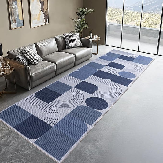 Machine Washable 2x6 Runner Rug, Soft Modern Geometric Abstract Blue Rugs for Bedroom Living Room, Non-Shedding Faux Wool Indoor Throw Floor Carpet for Office Entryway Dining Room Decor