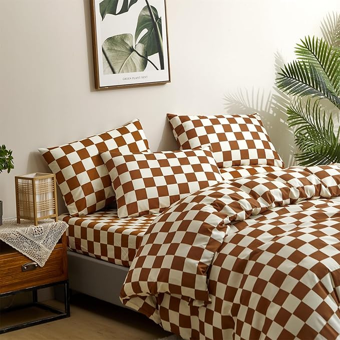 Pureant Pumpkin White Plaid Comforter Set Twin Brown and White Checkered Bedding Comforter Soft Women Girls Brown Checkerboard Grid Quilts Twin Size Boho Pumpkin Buffalo Plaid Comforter Geomertic