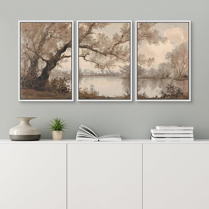 wall26 Framed Print Wall Art Set Sepia Watercolor Lakeside Tree Landscape Decorative Minimal Relax/Zen for Living Room, Bedroom, Office - 16"x24"x3 White