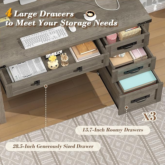 YOMILUVE Farmhouse Computer Desk with Drawers, 47" Small Computer Desk with Power Outlets, Home Office Desk with Monitor Stand & 4 Drawers, Writing Study Table, Grey