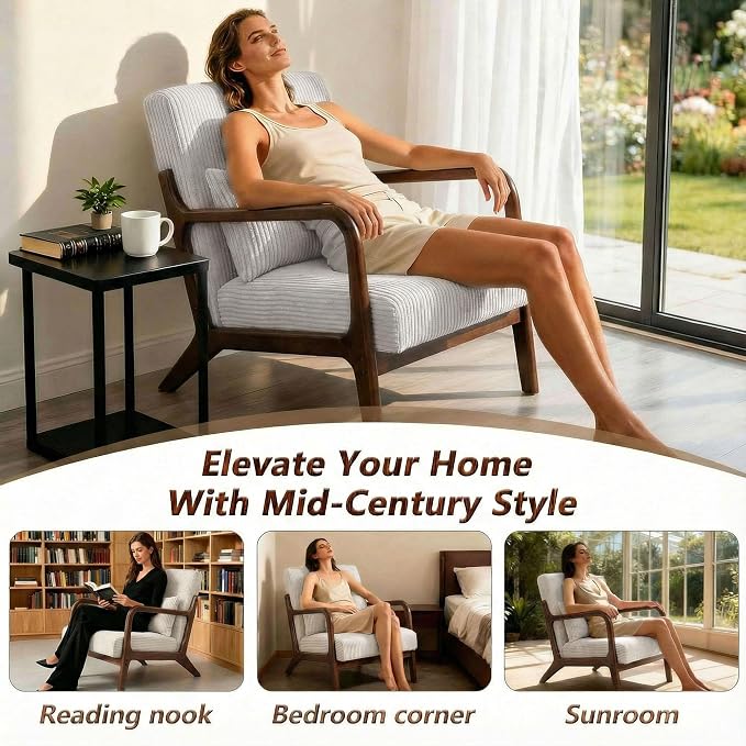 Mid Century Modern Accent Chair with Solid Rubberwood Frame, Comfy Corduroy Reading Armchair with Lumbar Pillow, Compact Lounge Chair for Bedroom, Living Room & Small Spaces
