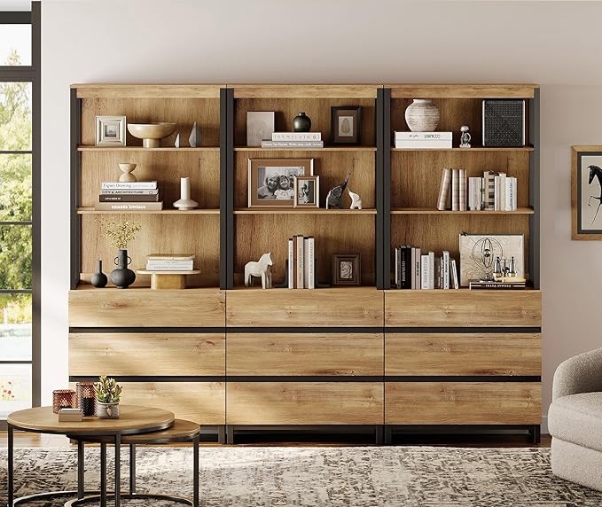 WAMPAT 3 PCS Modern 72" Tall Bookcase with 9 Drawers and Open Book Shelfs, Library Book Shelf with Storage Cabinet and Metal Base, Wood Freestanding Bookshelves for Home Office, Living Room, Oak