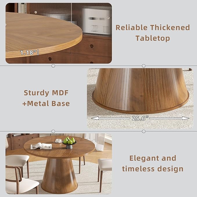 Round Dining Table for 4, Farmhouse Fluted Dining Kitchen Table, 47 Inch Modern Wood Small Circle Dining Table for Kitchen Living Room (Walnut, 47inch)
