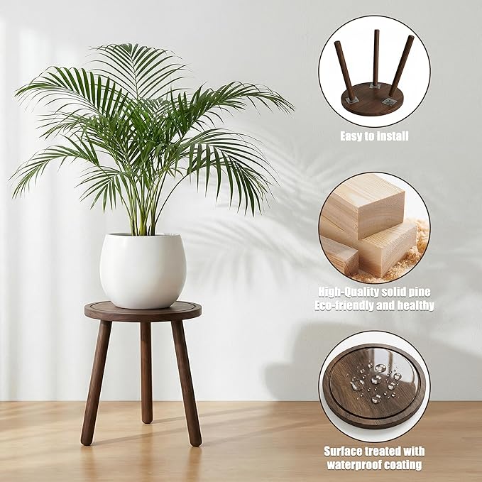Wood Plant Stands Indoor, Updated Single Plant Stand Modern Plant Table for Large Plants, Wooden Plant Stool, Tall Plant Holder Small Round Side for Living Room, Balcony, Office (Dark Brown)