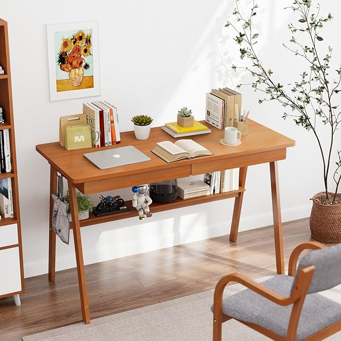 100% Solid Wood Writing Desk - 47.2" Mid Century Modern Desk, Home Office Desks with 2 Drawers and Storage Shelf, Small Computer Desks, Study Makeup Workstation for Bedroom/Living Room, Walnut