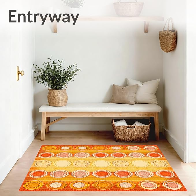 9'x12' Washable High Traffic Area Rug, Sunshine Boho Door Retro Inspired Vintage Radiant Sunburst, Flatwoven Area Rugs for Living Room, Bedroom (Orange,9x12)