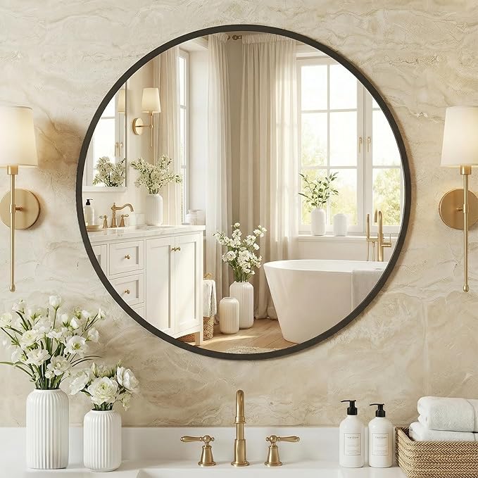 NEWBULIG 24 Inch Round Wall Mirror, Bathroom Mirrors for Over Sink, Matte Metal Framed Circle Vanity Mirror, Wall Decor for Bedroom, Anti-Rust, Tempered Glass, Hanging or Leaning, Classic Black