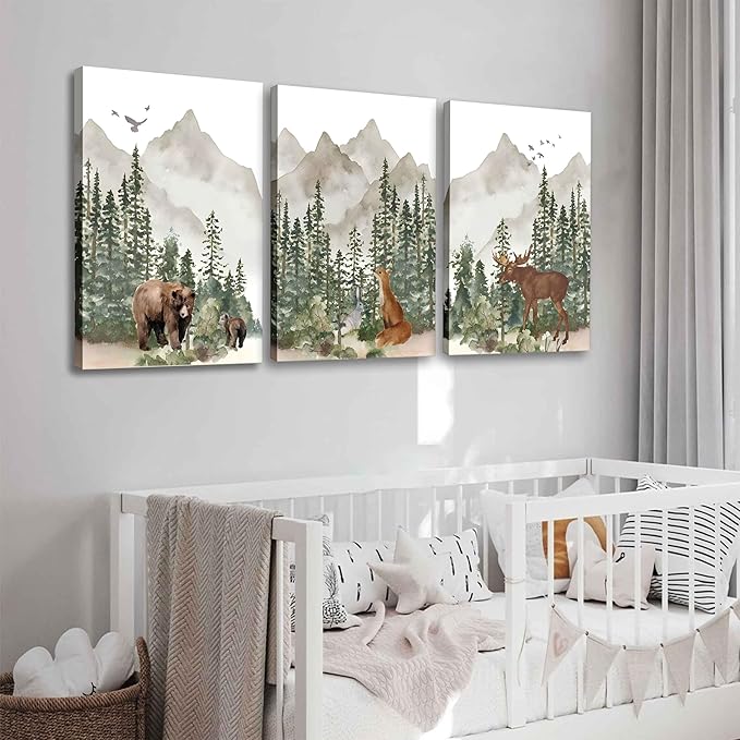3Pcs Woodland Nursery Wall Art Wild Animals Posters Pictures Foggy Forest Canvas Prints Adventure Theme Kids Wall Decor Watercolor Paintings for Children Boys Room Girls Room Framed