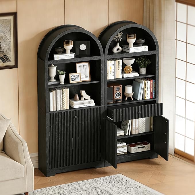 Farmhouse Arched Bookshelf, Mid-Century Modern 5-Tier Curved Cabinet with Door, Wooden Bathroom Storage Cabinet, Kitchen Pantry Cabinet for Living Room, Kitchen，Home Office, Black X2