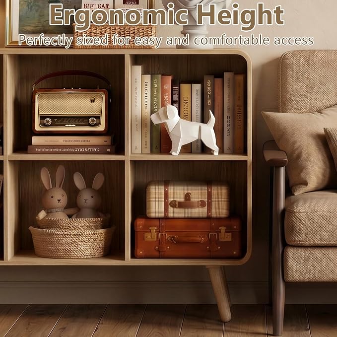 YOSHOOT 8 Cube Bookshelf - 46.5" Wood Cube Bookcase with Legs, Open Cubby Bookshelves with Curved Profile Design for Bedroom, Living Room,Home Office, Nature
