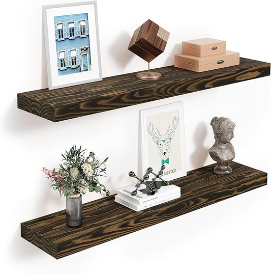 24'' Pine Wood Floating Shelves for Wall- Set of 2 - Rustic Wall Mounted Wooden Shelf for Stylish Home Décor (Dark Brown, 24x6.5x1.25), 2pcs
