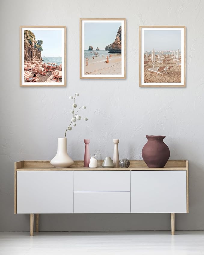 HesenDot Natural OAK Wood Framed Amalfi Coast Summer Wall Art,12x16in Italy Arienzo Beach Canvas Wall Print,Positano Swimming Poster Wall Decor for Living Room,Bedroom,Office Gallery Set of 1