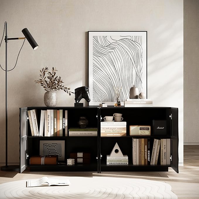 Wave Pattern Sideboard Buffet Cabinet - Modern Luxury Multifunctional Storage Cabinet with 3D Textured Doors, Display Cabinet for Dining Room Living Room Entryway (Black)