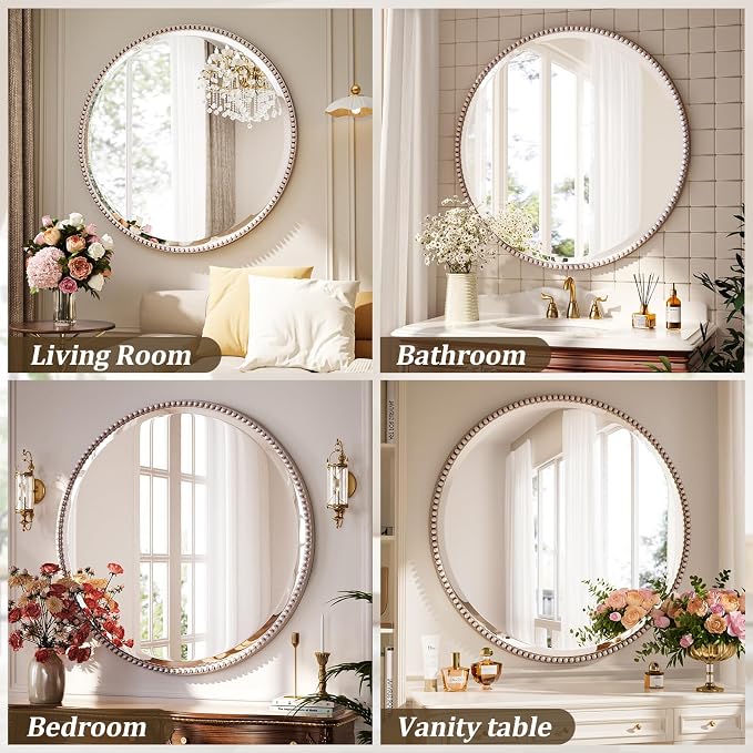 28 Inch Round Bathroom Mirror - Luxurious Retro Beaded Circle Decorative Wall Mirror with PU Frame Hanging Leaning as Art Decor for Entryway, Bedroom, Living Room, Hallway, Silver