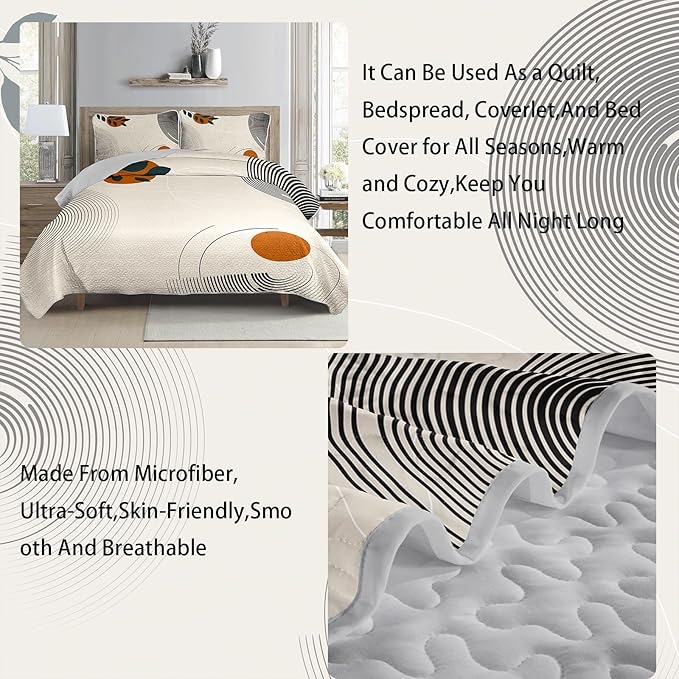 AILONEN Boho Mid Century Bedding Sets,Vintage Geometry Quilt Set Queen Size,Modern Minimalist Simplistic Bedspread Coverlet - Soft Lightweight 3Pcs 1 Quilt with 2 Pillowcases,Brown