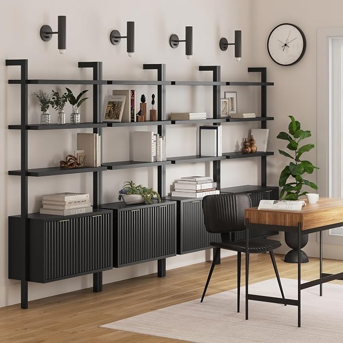 Nathan James Jasper 3-Shelf Solid Wood Boho Bookshelf, Wall Mounted Bookshelf with Cabinet with Fluted Doors, Black Oak, Set of 4